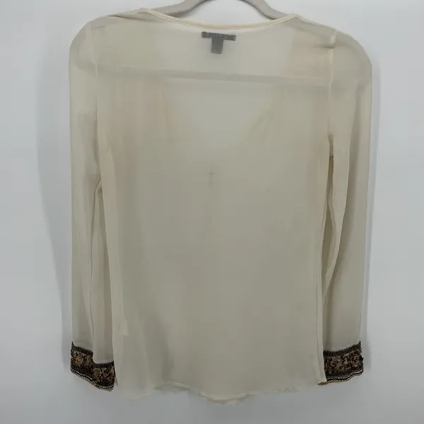 Zara Trafaluc Cream Sheer Blouse Beaded Sequin Cuff Split V-Neck Party XS - Image 3