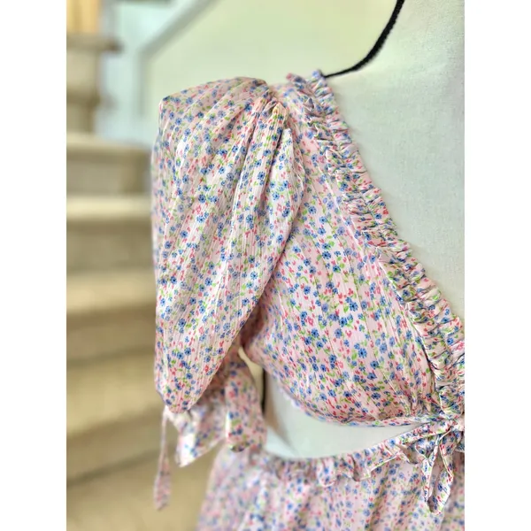 For Love & Lemons Phoebe Pink Floral Puff Sleeve Milk Maid Mini Dress Fairy - Image 3