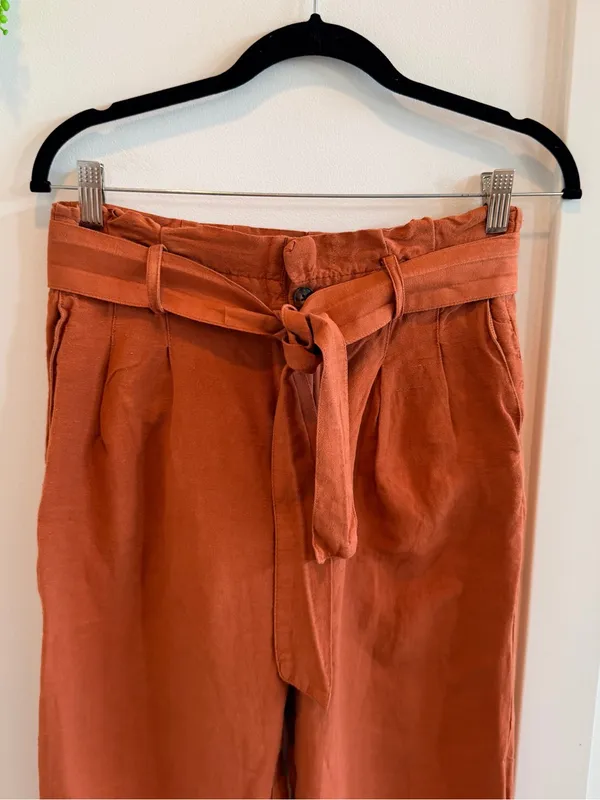Madewell Cropped Linen Blend Paperbag Waist Pants - Rust Orange Size 2 - Image 4