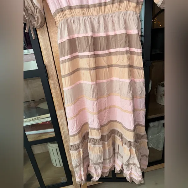 Storia Neopolitan stripes midi dress peach beige short sleeve bows elastic waist - Image 7