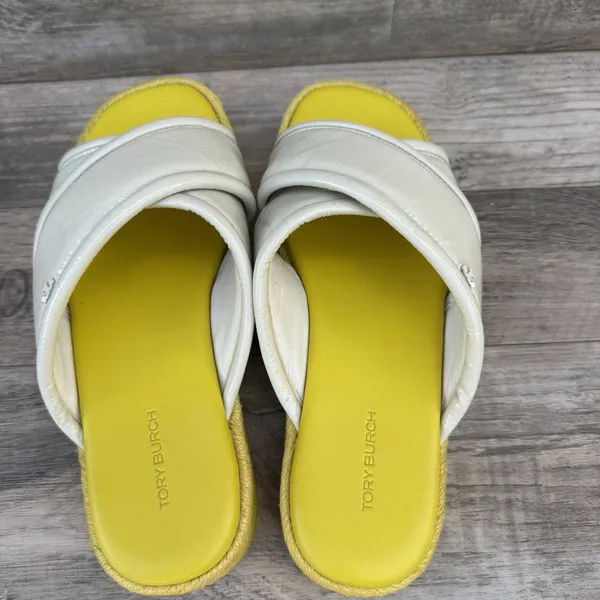 Tory Burch Crisscross Espadrille Slide Sandal White Patent Yellow Sz 7 - Image 5