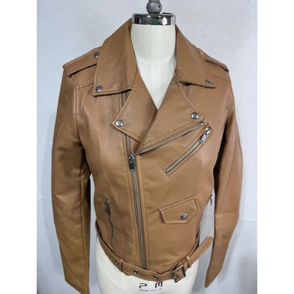 Women's Love Tree Faux Leather Moto Jacket Camel‎ Belted Biker Minimalist S New - Image 3