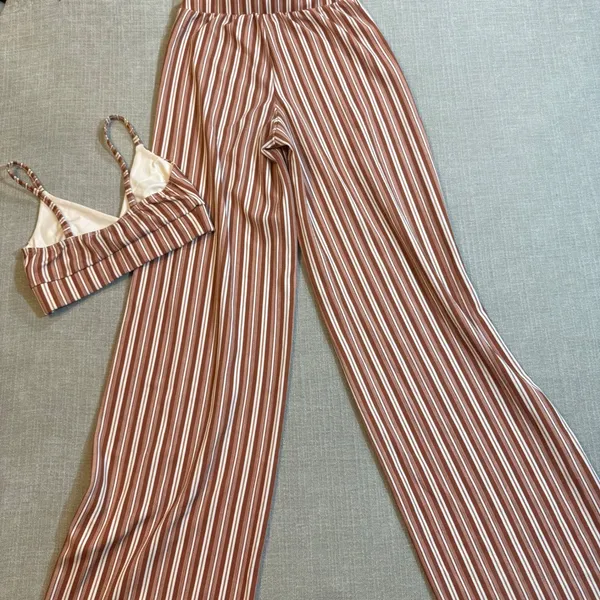 Boohoo 2 Piece Set Women US 4 Brown White Striped Crop Top Wide Leg Pants Boho - Image 2