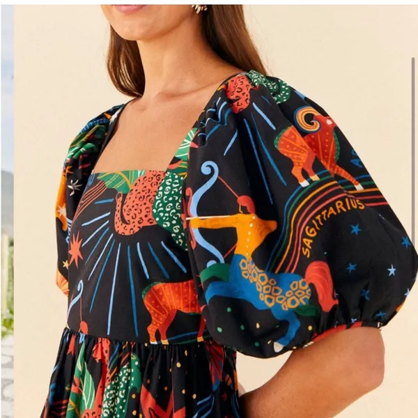FARM RIO Zodiac Printed Mini Dress‎ size Small Puff Sleeves Celestial Witchy - Image 11