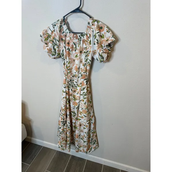 THML Floral‎ Puff Sleeve Midi Dress White Peach Green Tiered FTM2319-CR Small - Image 4