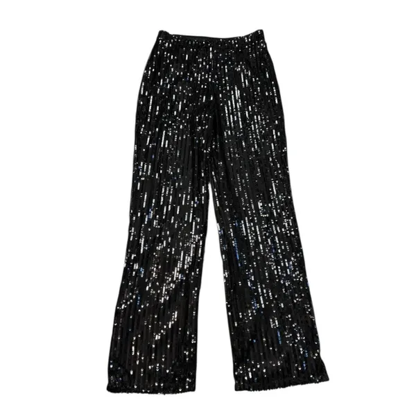 *New Boohoo Sequin Wide Leg Trouser Pant Womens 14 Black Cocktail Party Festive - Image 3