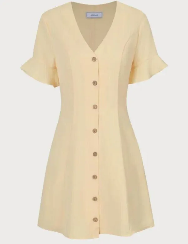 RIHOAS The Yellow V Neck Ruffle Button-up Mini Dress L 11 - Image 6
