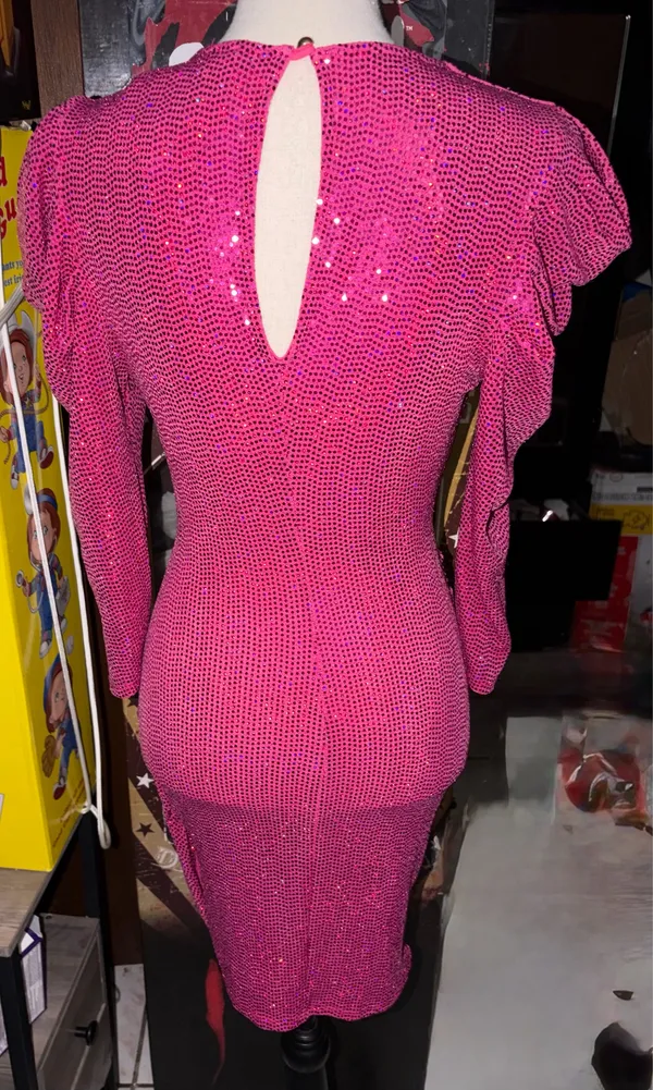 GIBI LI V-Neck 3/4 Puff Sleeve Sash Sequin Fushia Min... - Image 3