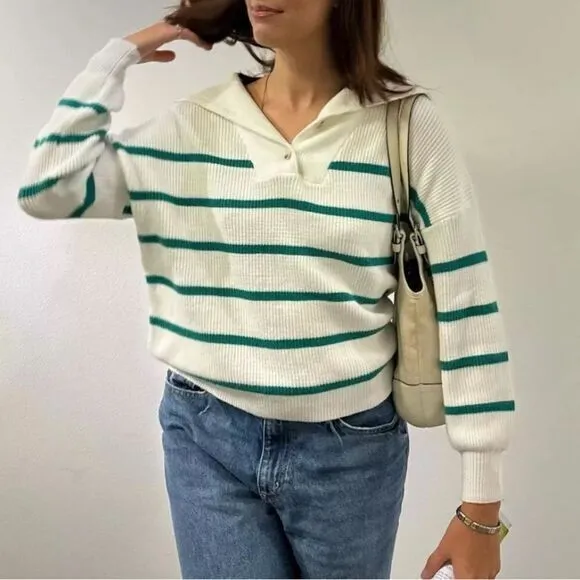 Sincerely‎ Jules Womens Large Sweater White Green Striped Ribbed Knit Pullover - Image 8