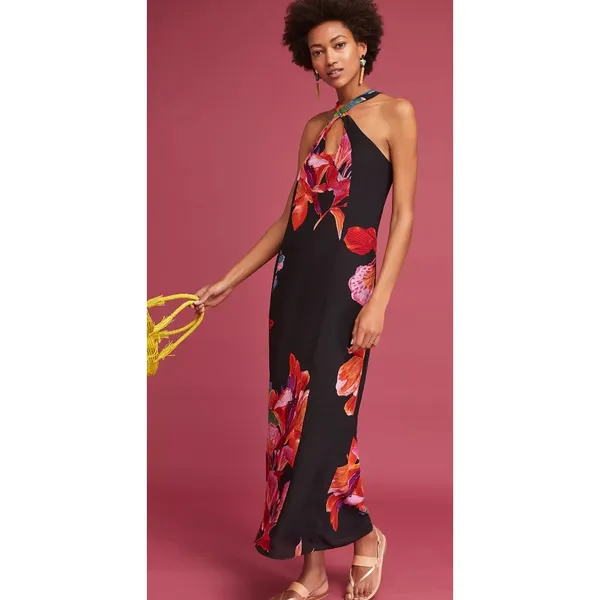 Maeve Anthropologie Cayman Silk Maxi Dress Womens Large Black Floral‎ Resort - Image 3