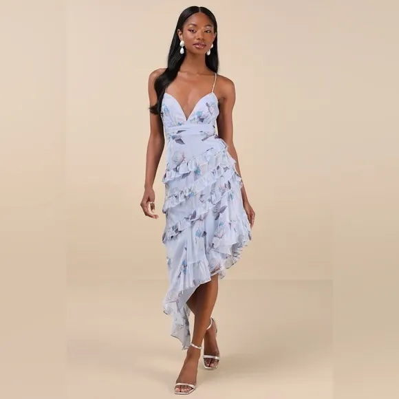 NEW Lulus Saveria Light Blue Floral Ruffle Asymmetrical Maxi Dress XS Party - Image 2