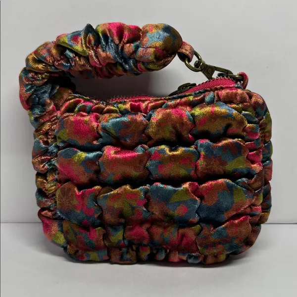 Natural Life Puffy Mini Clip-On Pouch - Teal Pink Floral Velvet - #1050 - Image 2