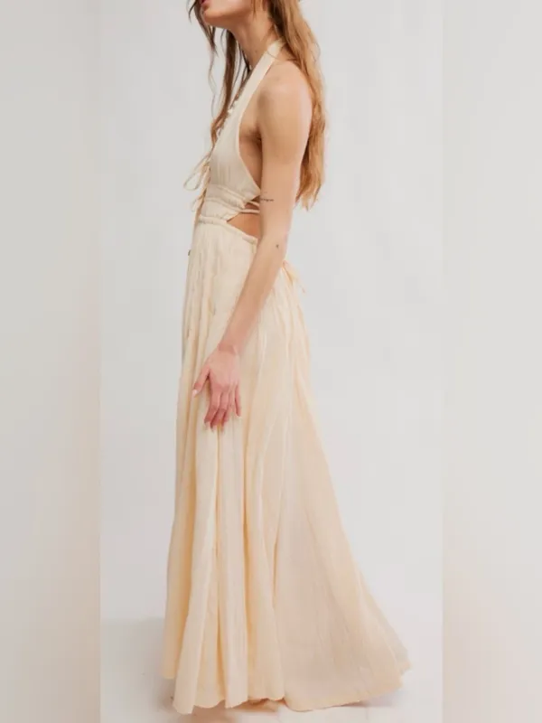 NEW FREE-EST BY FREE PEOPLE ANGEL Plunge Halter Neck ivory MAXI DRESS sz XL - Image 2