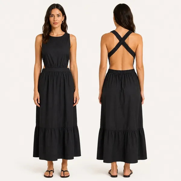 English Factory Midi Dress Women Small Black Criss Cross Open Back Cutout Boho - Image 2
