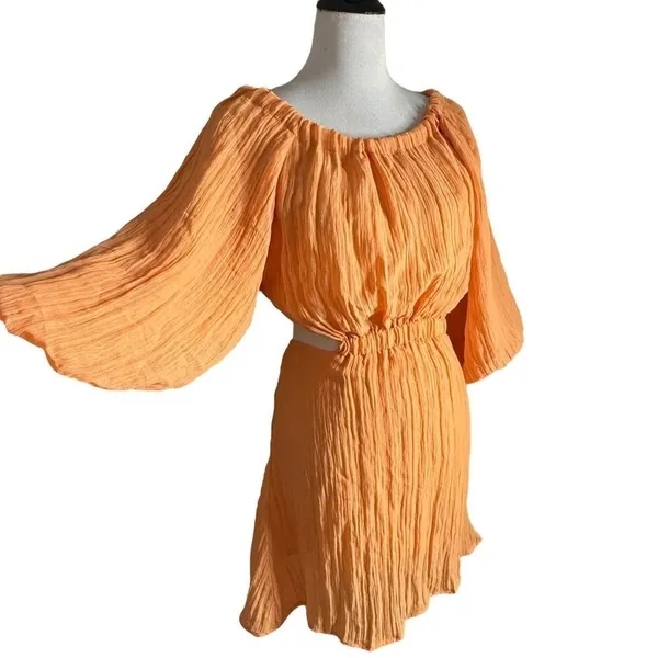 VICI Womens Open Back Balloon Sleeve Mini Dress Size S Orange Crinkle Textured - Image 4