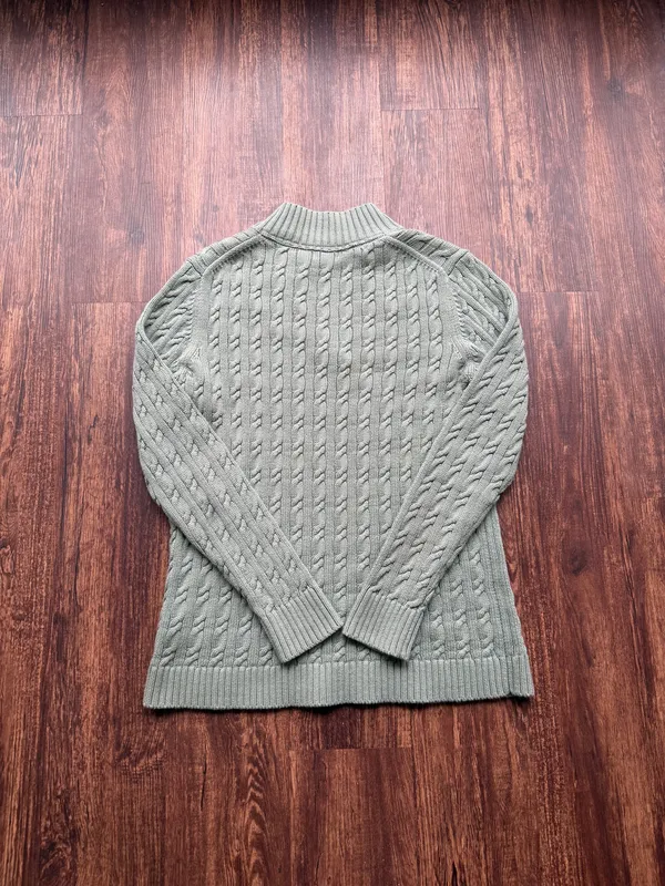 LL Bean Women’s M Sage Green Cotton Cable Knit Sweater Notch V-Neck Pullover - Image 3