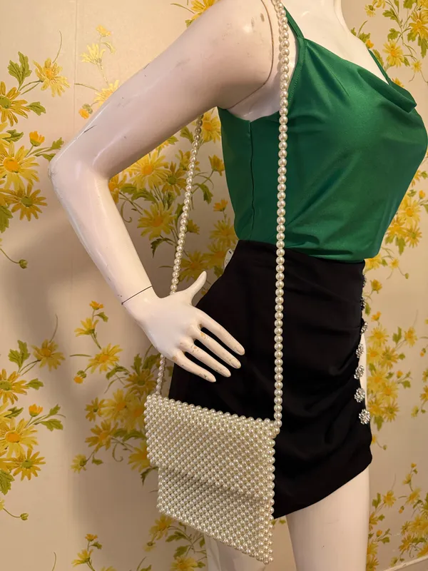 Pearl Beaded Crossbody Bag in Cream - Image 2