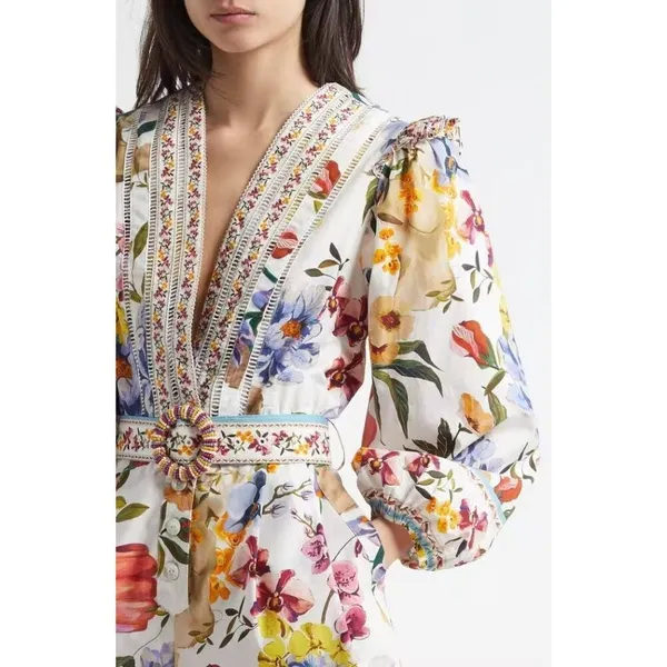 NWOT Farm Rio Greek Garden Long Sleeve Plunge Neck Cotton Romper Size XS - Image 2