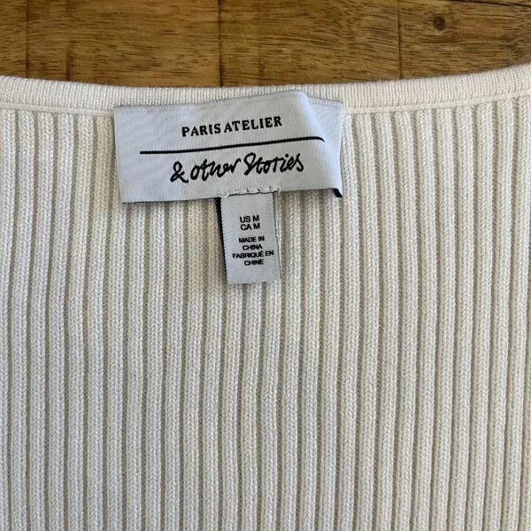 & Other‎ Stories Sweetheart Neckline Fitted Ribbed Knit Sweater M White - Image 5