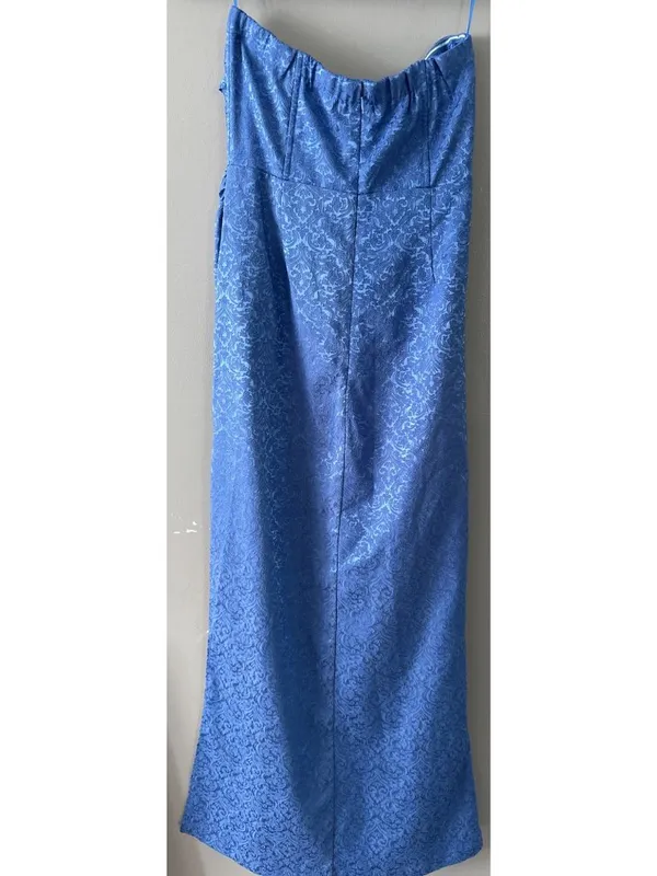 Vici Blue Strapless Maxi Dress Large Satin Jacquard Formal bridal Gown wedding - Image 6