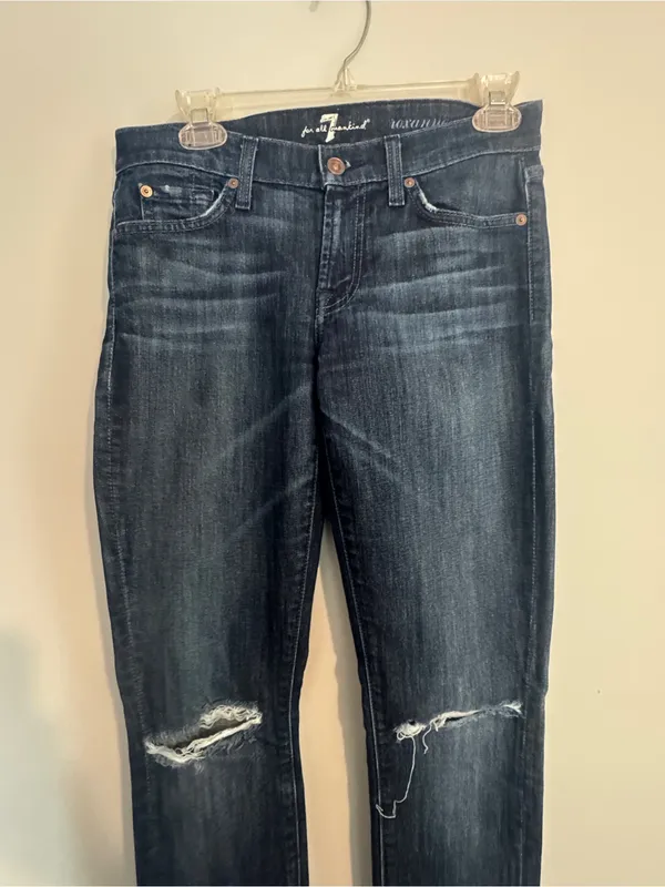 7 For All Mankind Roxanne Dark Blue Distressed Straight Leg Jeans- 27 - Image 2