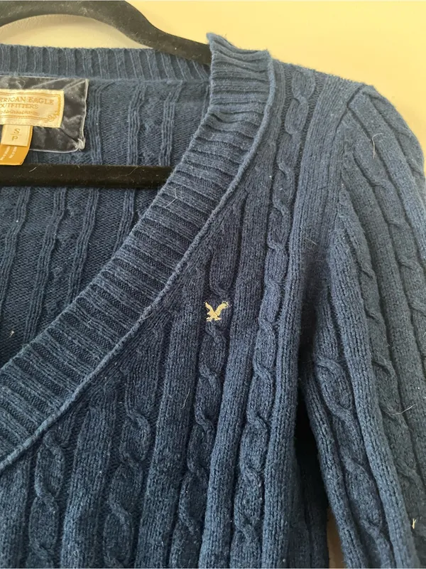 Vintage Y2K American Eagle Cable Knit Ribbed V Neck Sweater Small Blue Preppy - Image 3