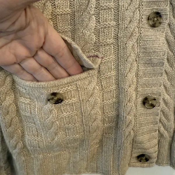 Banana‎ Republic Cardigan Sweater Sz Med Cashmere Blend Tan Cable Knit Mock Neck - Image 3