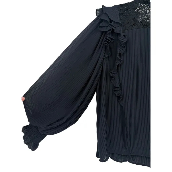 Anthropologie Pleated Ruffled Sheer Lace Blouse‎ Top Black Size LP Whimsigoth - Image 11