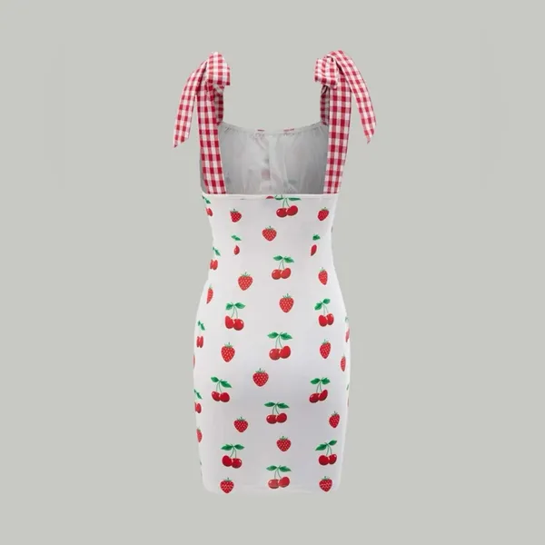 💜Retro Strawberries & Cherries Gingham Strap Dress - Image 3