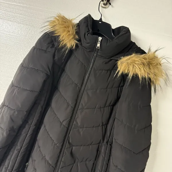 Tommy Hilfiger Coat Puffer Down Women XL Black Full Zip Faux Fur Hooded Long - Image 4