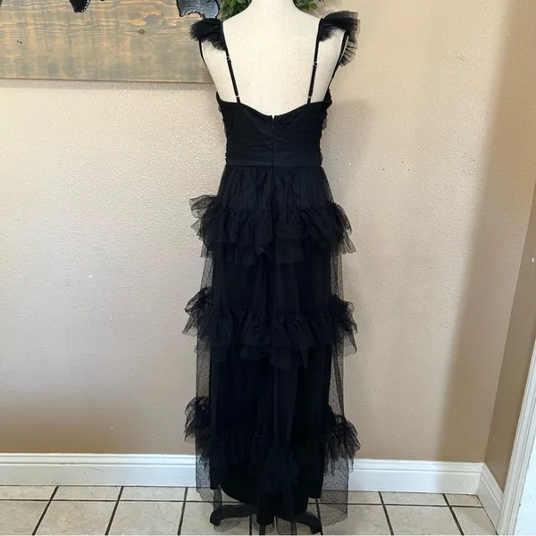 Lulus Black Swiss Dot Tiered Maxi Dress Open Back Mesh Formal Wedding Guest M - Image 5