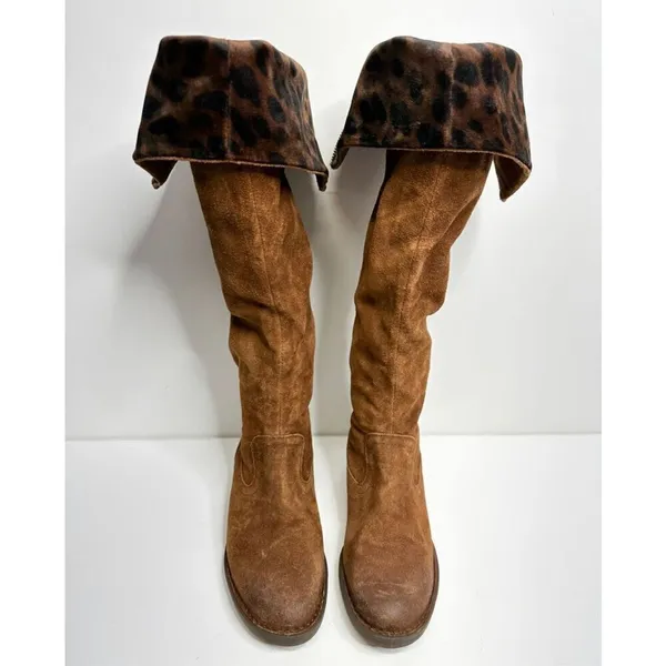 Born Malena‎ Tan Suede Leopard Print Cuff Tall Boots Back Zip 5.5M - Image 6