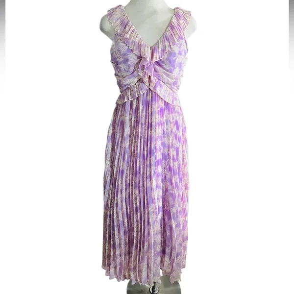 ASTR THE LABEL Floral Ruffle Pleated Midi Dress Lilac Size Small New - Image 4