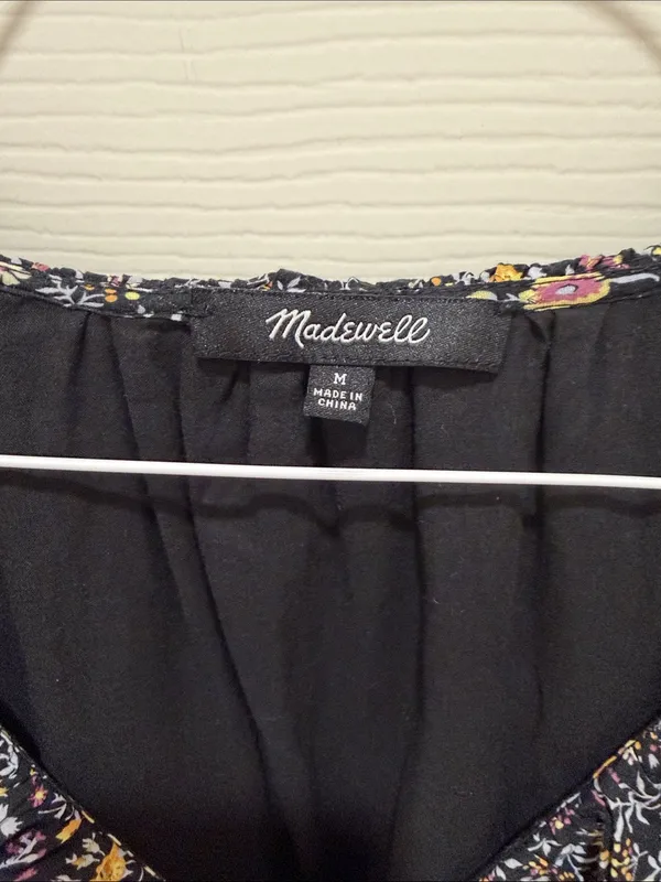 Madewell Floral Ruffle Neck Short Sleeve Dress Black Multicolor Medium Mini - Image 3