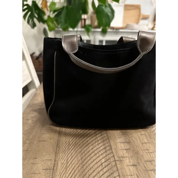 Vintage Y2K Black Suede Mini Tote‎ - Metallic Pewter Trim & Moto Zipper - Image 4