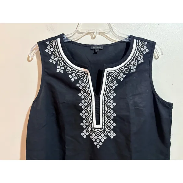 Talbots Embroidered Sleeveless Top 10 Black Excellent‎ Linen Blend Split Neck - Image 6