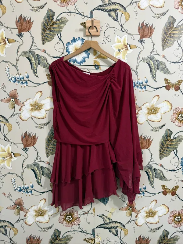 ASOS DESIGN stretch chiffon one sleeve ruffle mini dress in burgundy Size S - Image 5