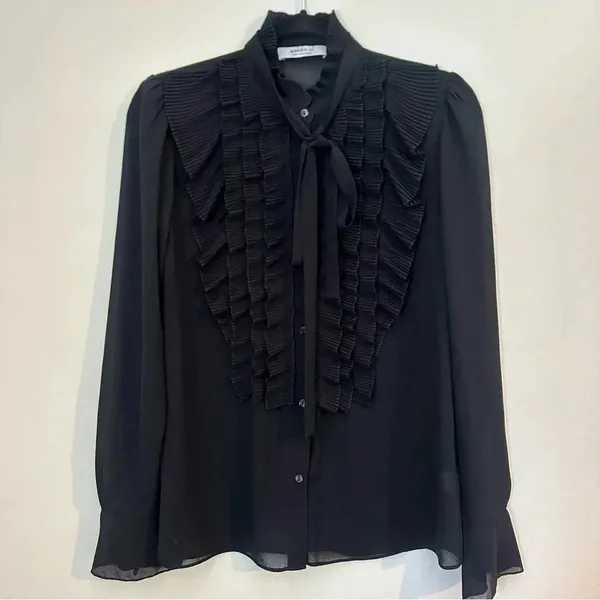 BAILEY‎ / 44 Black Sheer Ruffle Long Sleeve Blouse Womens Small​ - Image 8