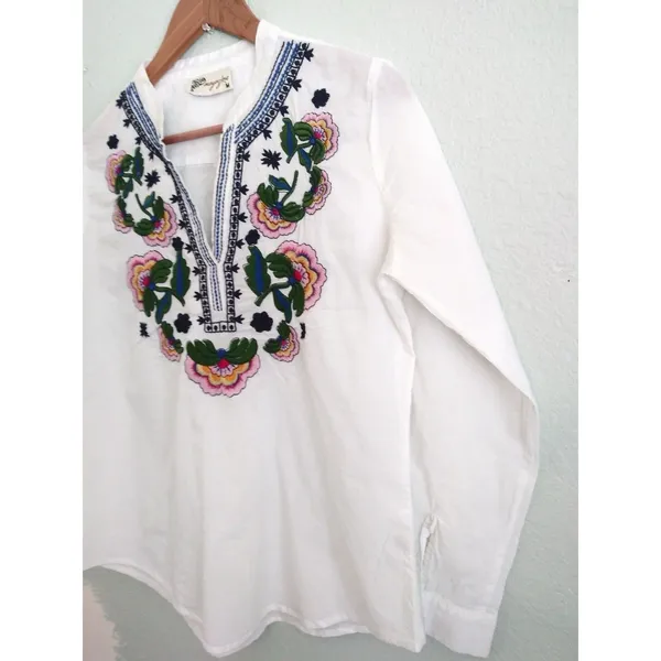 Boho Embroidered Tunic Blouse Cotton Peasant Top White Floral Resort Coverup M - Image 8