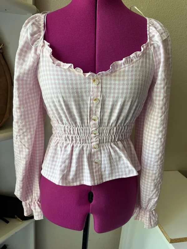 mine Pink Gingham Smocked Peplum Blouse - Image 3