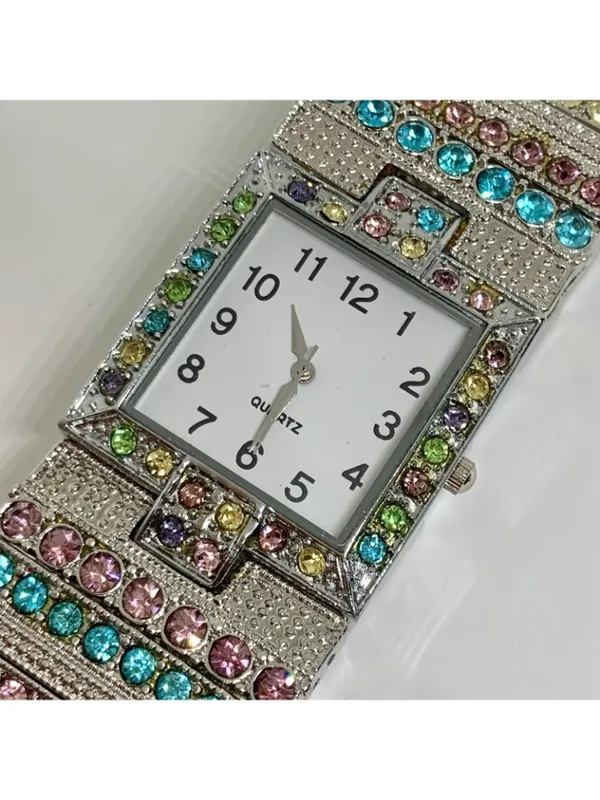 Silver tone colorful crystal women watch 32mm quartz analog elastic band running - Image 2