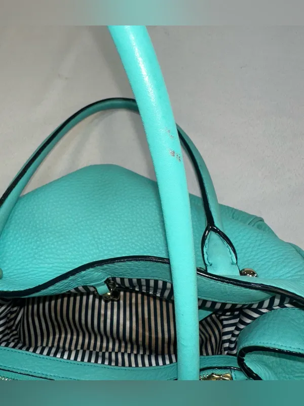 KATE SPADE Turquoise Satchel Purse Handbag Striped Interior Roomy - Image 5