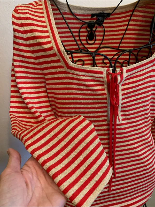🚨🚨🚨BOGOHO🚨🚨🚨Boston Proper Striped Lace-Up Top - Red & Gold Shimmer-M - Image 5