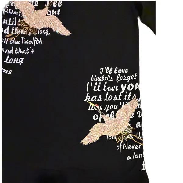 Comaekar Black Graphic‎ T-Shirt Dress Sequin Crane Bird Script Long Sleeve Mini - Image 9