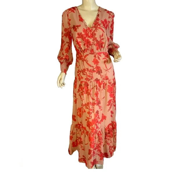 Sam Edelman Red & Tan Floral Print Chiffon Maxi Dress Nwt (6) - Image 2