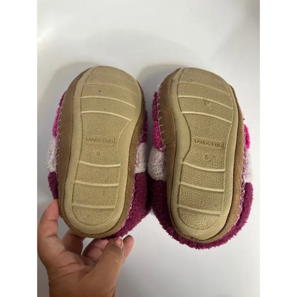 Lands End Sherpa Fleece Slippers Womens 6 Purple Pink Excellent Striped‎ Cozy - Image 7