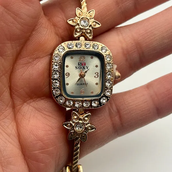 Soxy Rose Gold Square Dial Crystals on Bezel Floral Accents Women Fashion Watch - Image 7