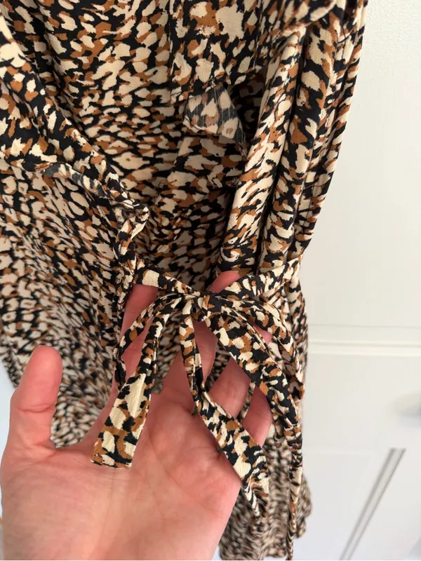 Free People Small Animal Print Ruffle Wrap Mini Dress Brown Black Boho - Image 3