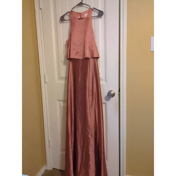 Revelry Wren Satin Fitted High Neck A-line Bridesmaid Dress 6 Desert Rose - Image 4