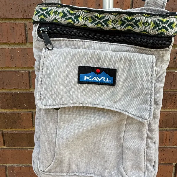 Kavu Keeper Crossbody Bag Purse Canvas Gray Southwestern Aztec Yellow Lined EUC - Image 2